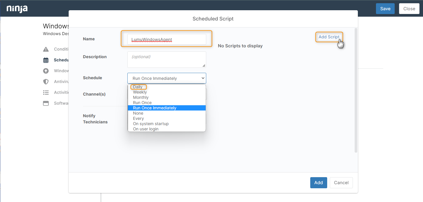 Add the Lumu Agent for WIndows installation script