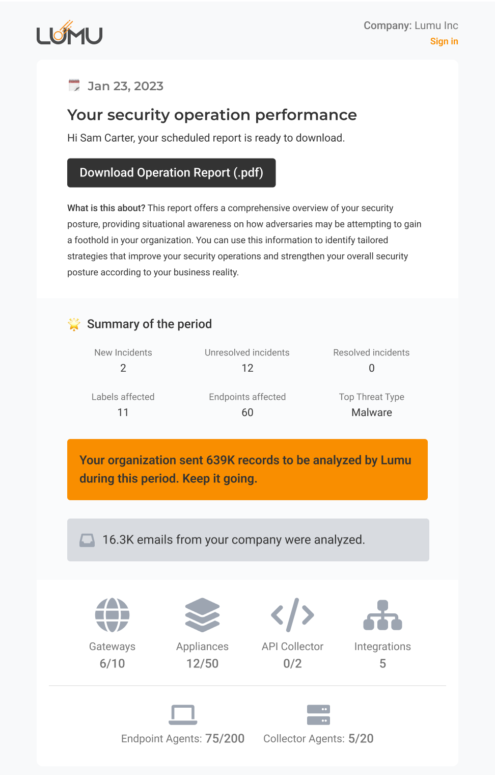 Example of a Compromise Stautus Report email