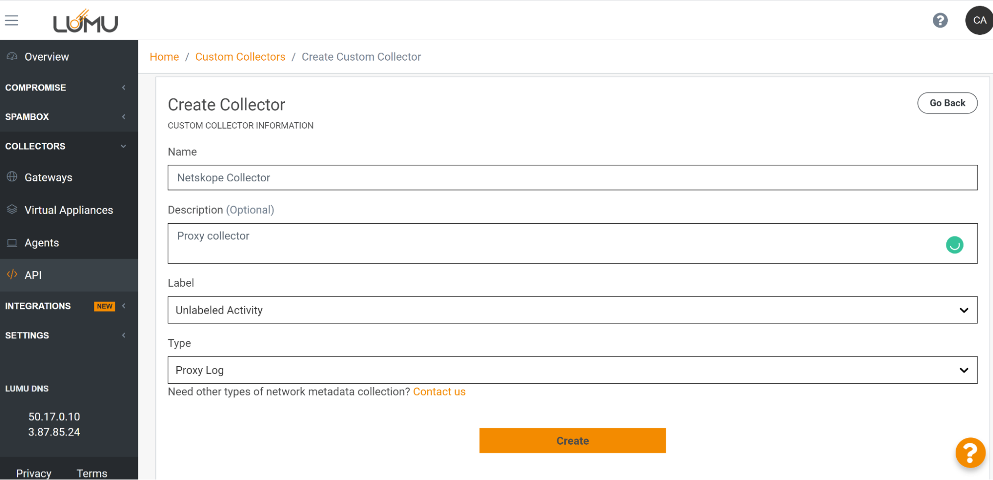 add a Custom Collector and select Proxy Log as the collector type