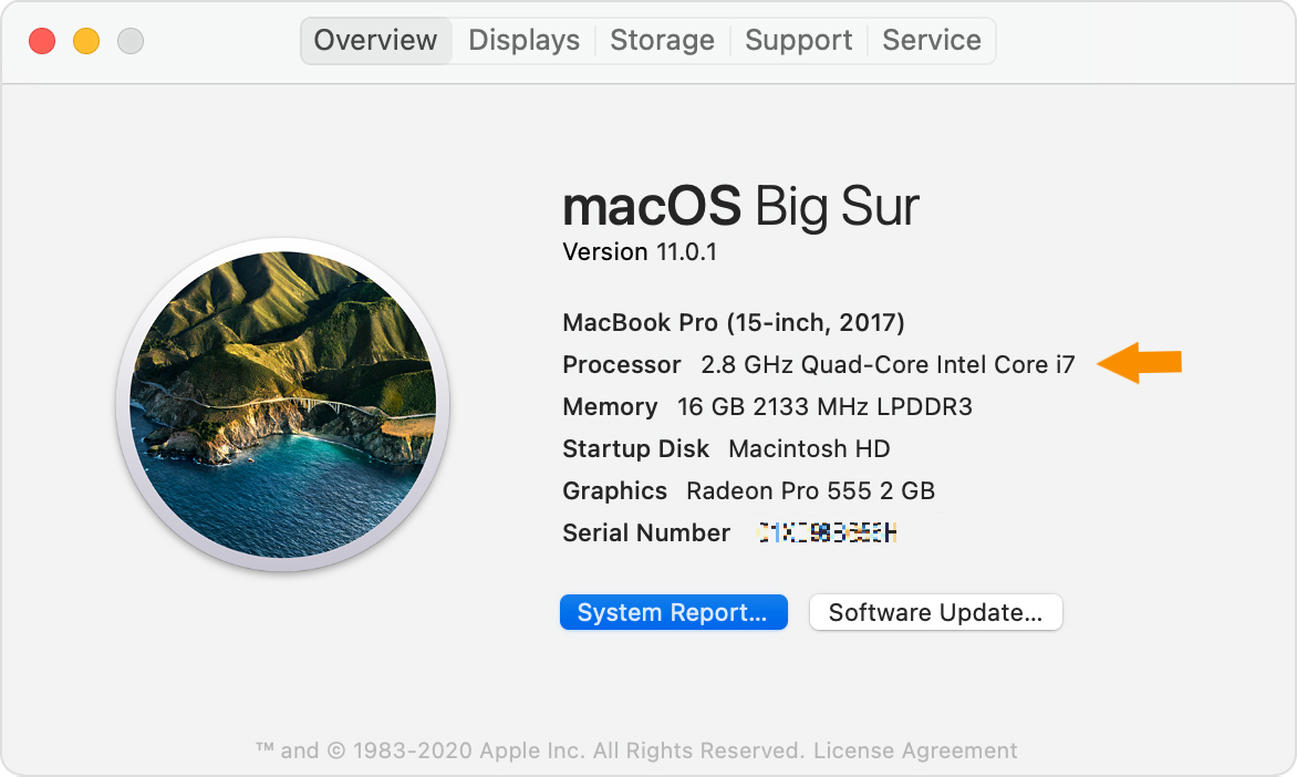 Example of macOS device running an Intel processor