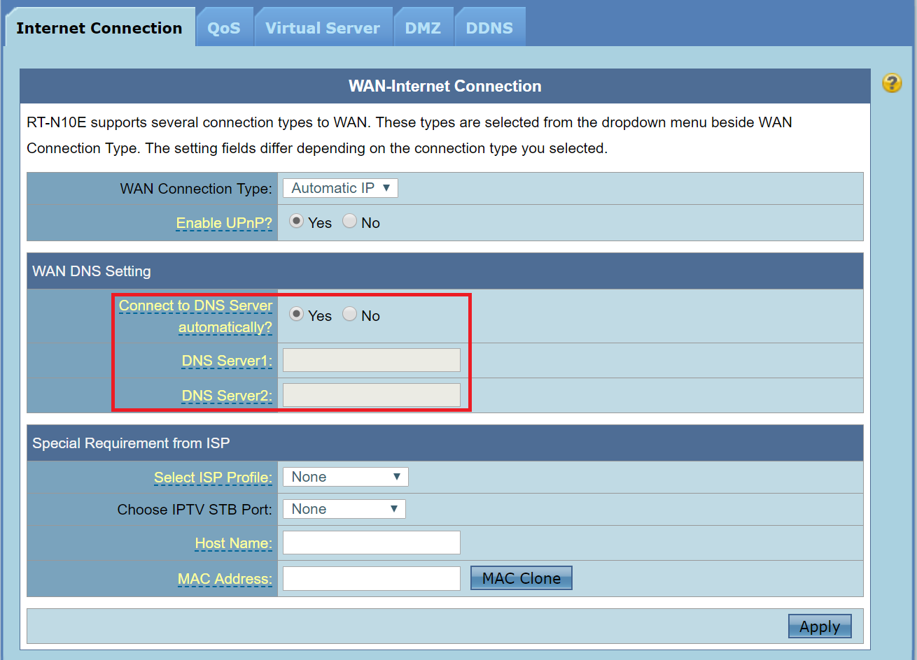 Example of a router's admin panel to set DNS