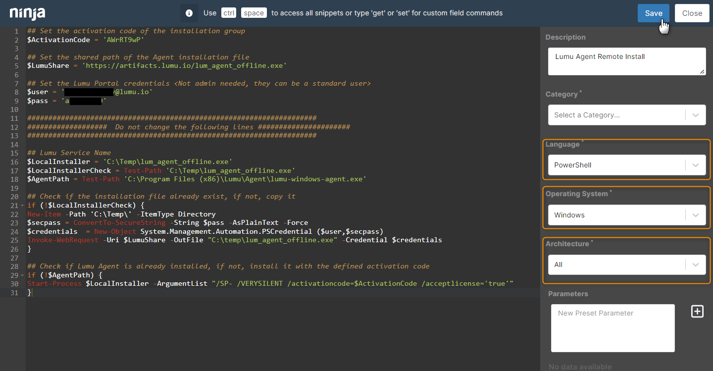 Script creation window