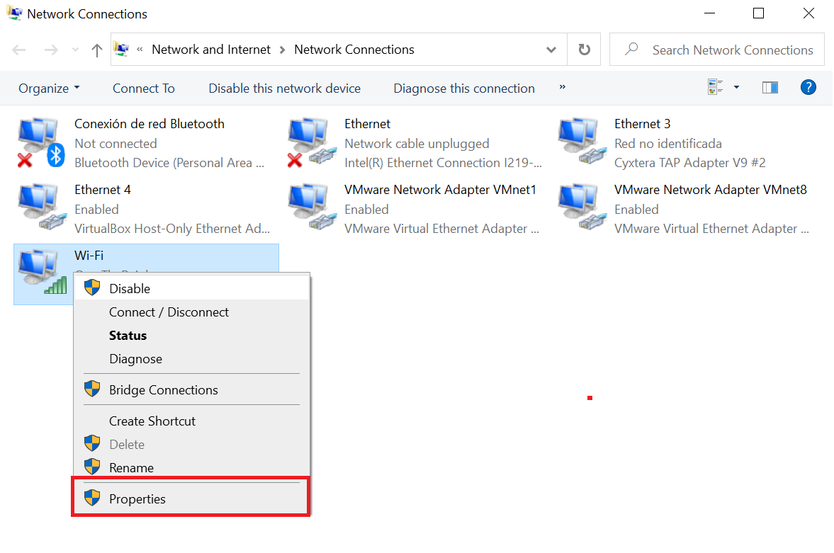 Network device properties - Windows 10