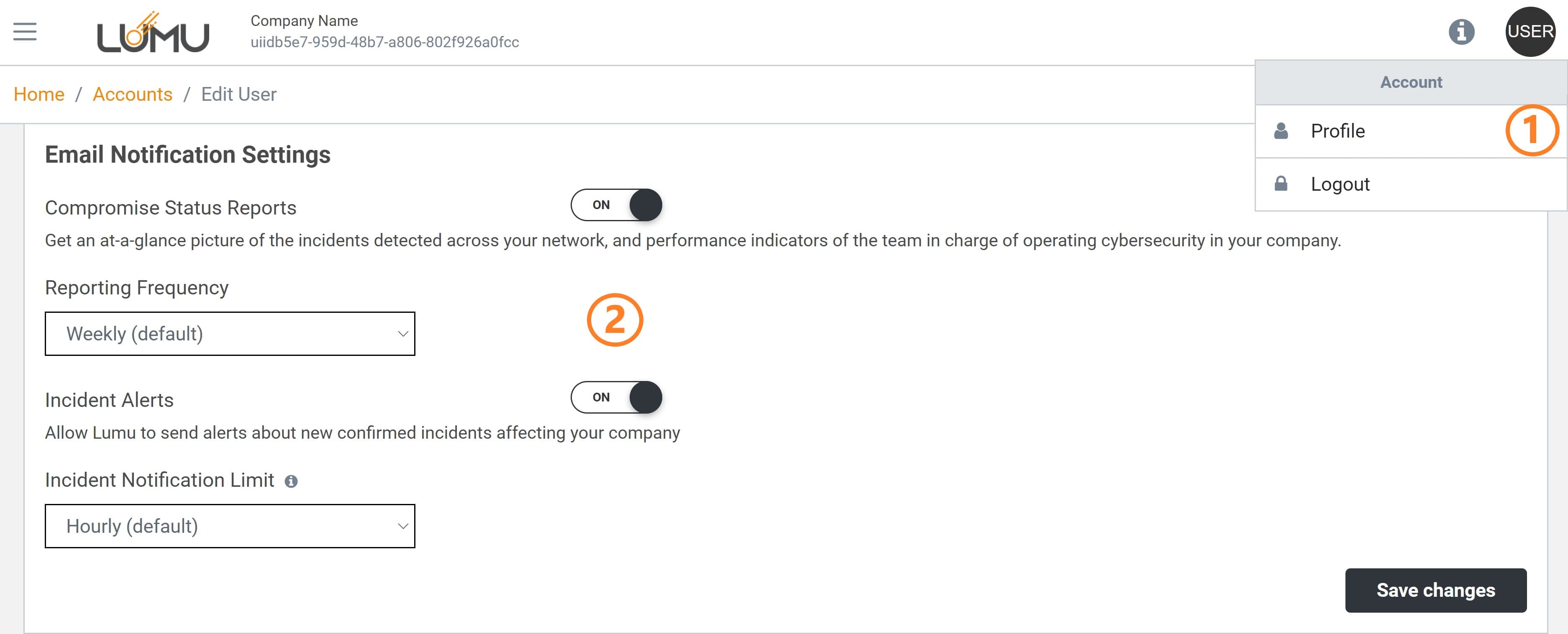 Email notification settings - Lumu Portal