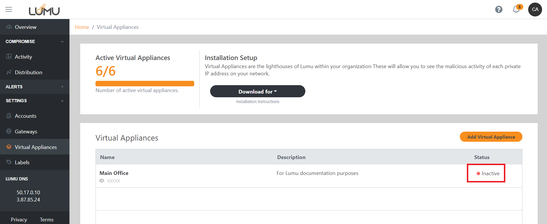 VA management area of Lumu portal