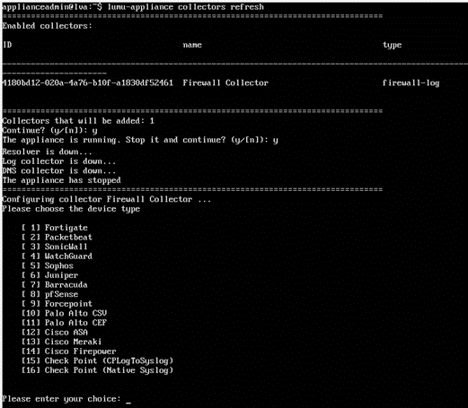 Example of screen when setting up a Firewall Collector