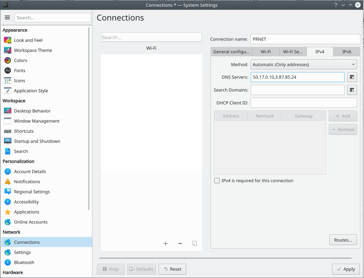 Example of Linux client connections settings